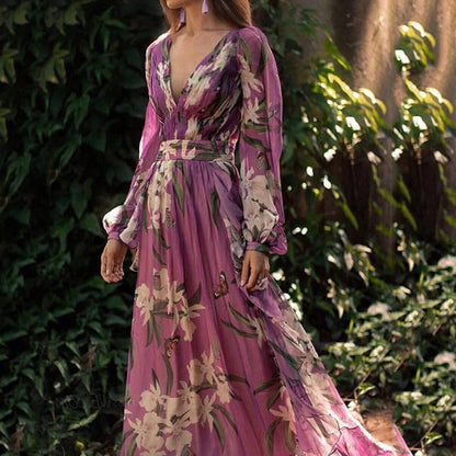 2024 Europe and America Cross Border Summer New Women's Printed Wear Dress V-neck Long Sleeve Retro Fairy Large Swing Dress