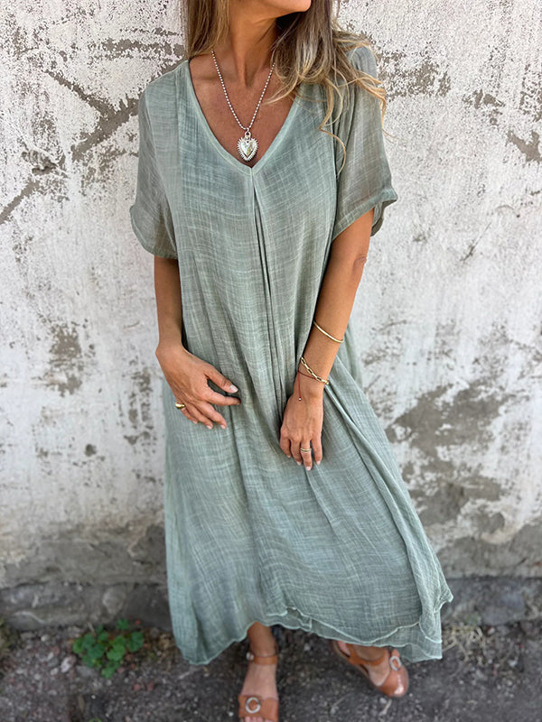 XS-3XL-2024 Fusta casual primavara-vara larga cu maneca scurta decolteu in V culoare solida rochie din bumbac si in