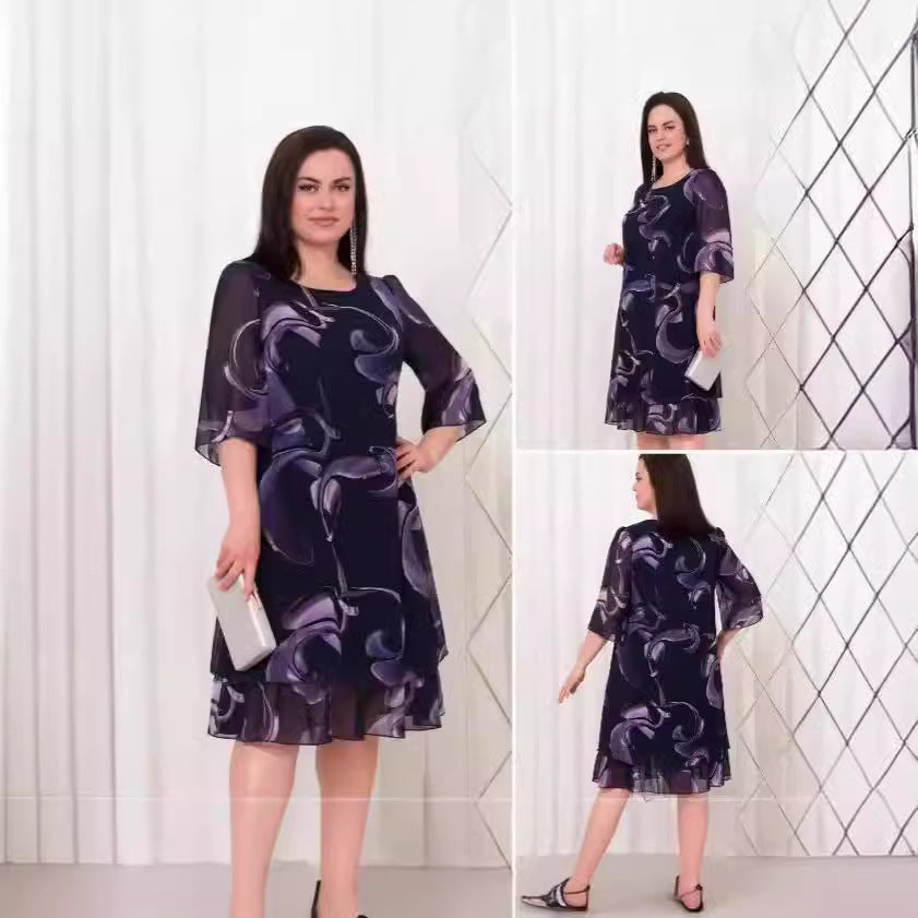 【S-5XL】Rochie elegantă cu imprimeu din plasă, cu mâneci cu volan