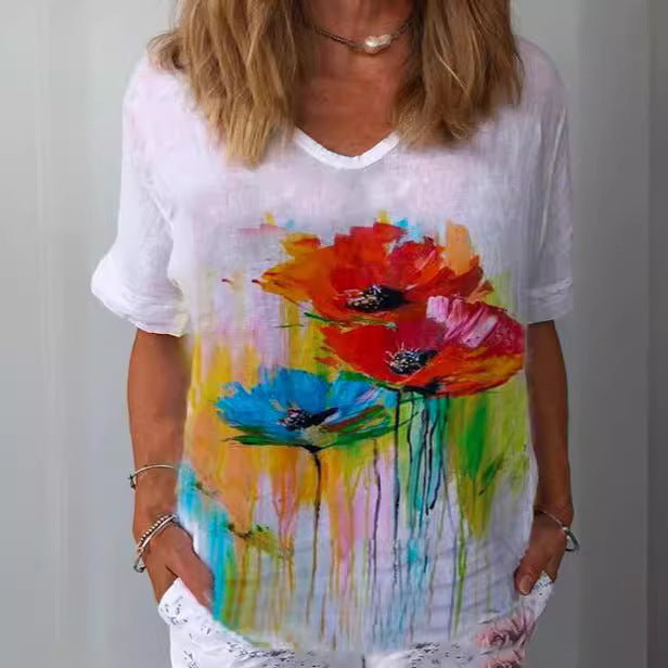 【Cumpără 1 primești 1 gratis】【XS-6XL】Tricou cu mâneci scurte cu imprimeu floral din in bumbac