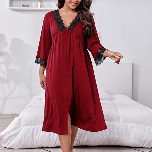 [1XL-5XL ]-2024 Plus dimensiune doamnelor cu mâneci lungi panou de dantelă V-gât loose acasă cămașă de noapte femei