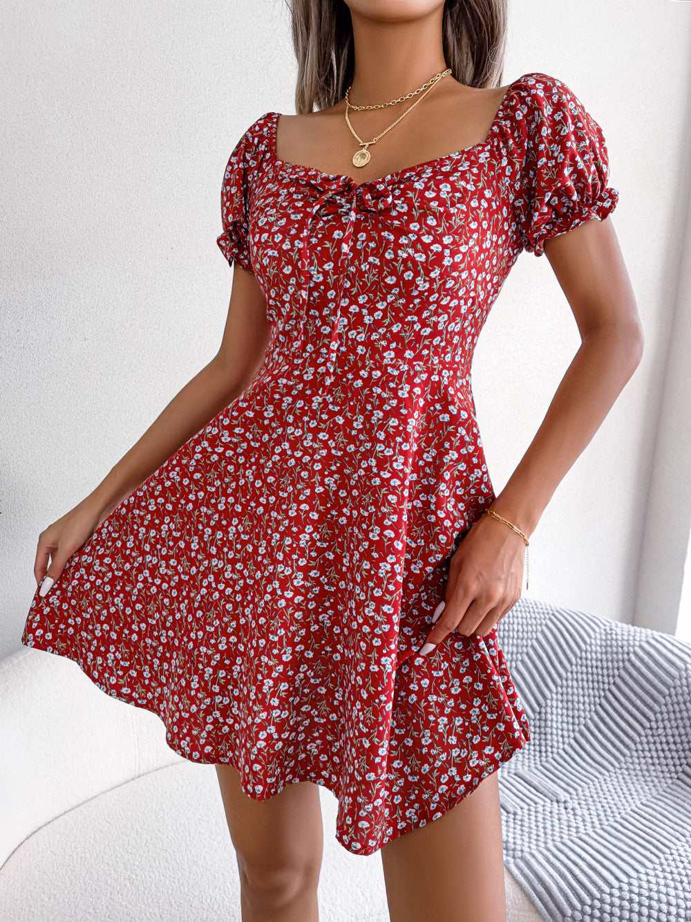 S-2XL-2024 Rochie casual cu maneca evazata, cravata, pendul floral