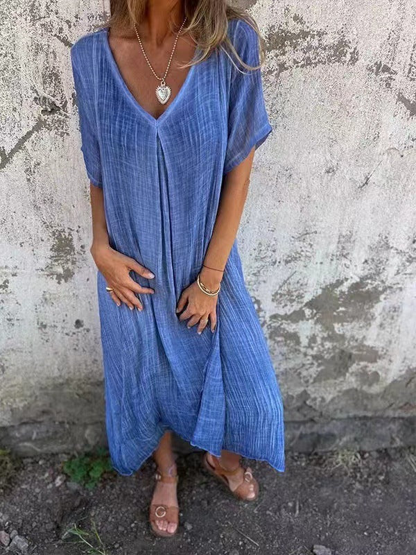 XS-3XL-2024 Fusta casual primavara-vara larga cu maneca scurta decolteu in V culoare solida rochie din bumbac si in