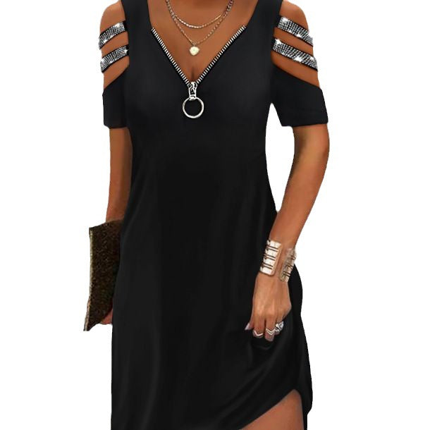 S-3XL-2024-Rochie sexy cu maneca scurta cu fermoar hot diamond de vara,Naveta temperamentală