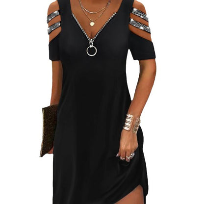 S-3XL-2024-Rochie sexy cu maneca scurta cu fermoar hot diamond de vara,Naveta temperamentală