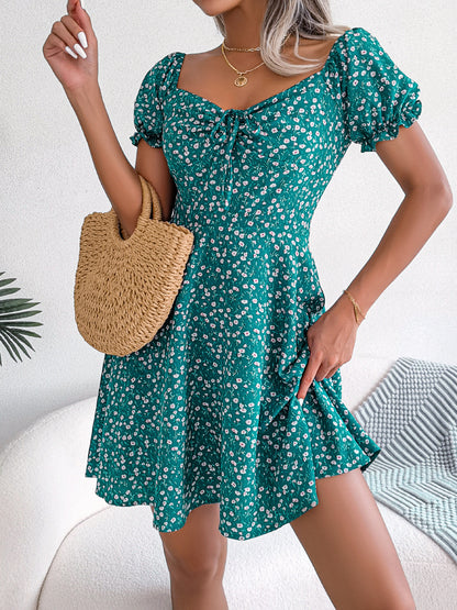 S-2XL-2024 Rochie casual cu maneca evazata, cravata, pendul floral