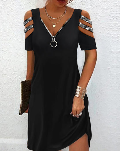 S-3XL-2024-Rochie sexy cu maneca scurta cu fermoar hot diamond de vara,Naveta temperamentală