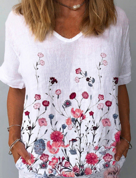 【Cumpără 1 primești 1 gratis】【XS-6XL】Tricou cu mâneci scurte cu imprimeu floral din in bumbac