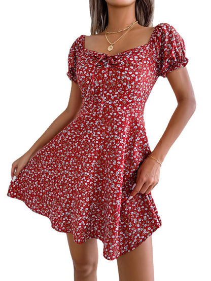 S-2XL-2024 Rochie casual cu maneca evazata, cravata, pendul floral