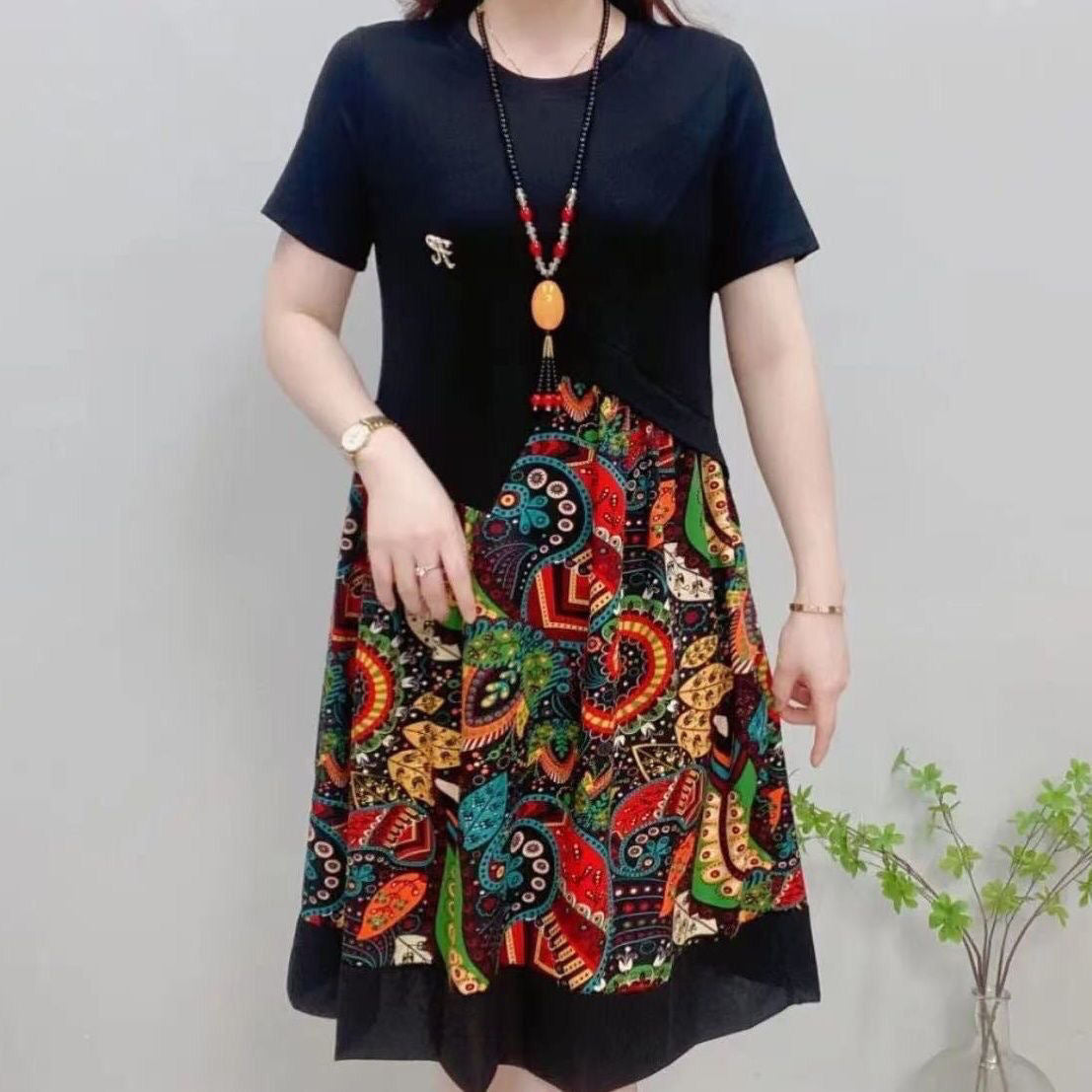 M-6XL-2024 Rochie midi patchwork cu mânecă scurtă pentru modă mid-rise