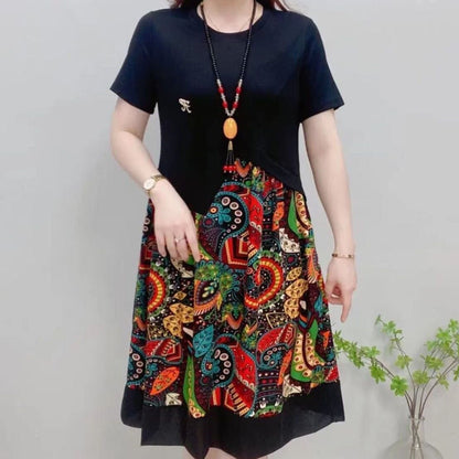 M-6XL-2024 Rochie midi patchwork cu mânecă scurtă pentru modă mid-rise