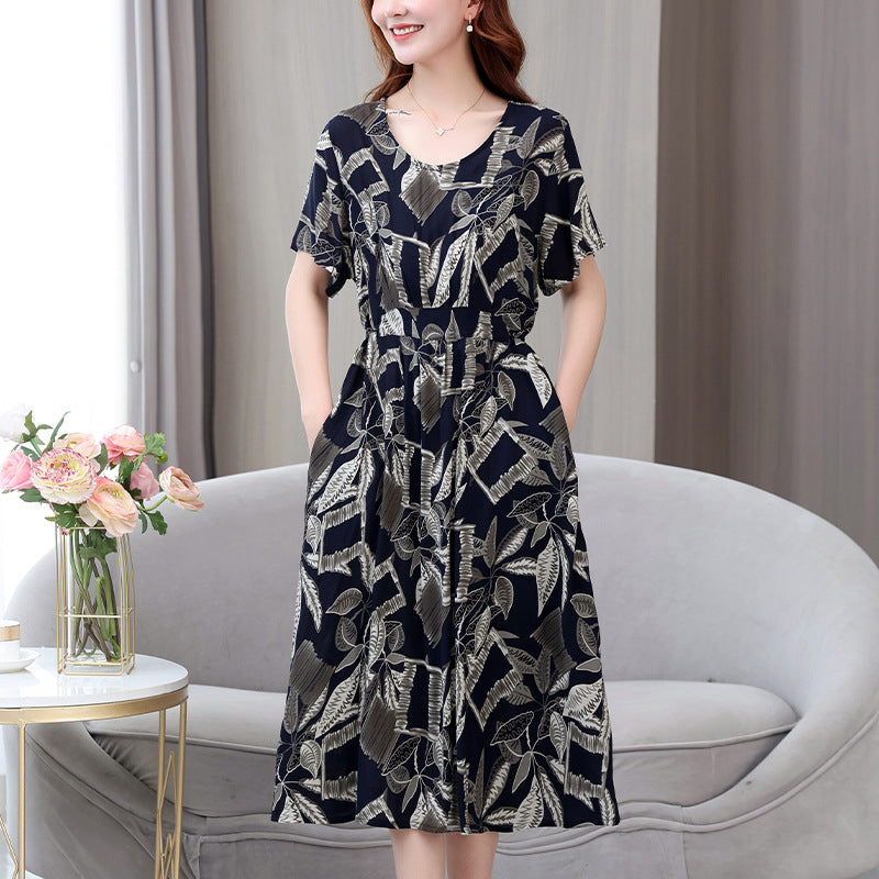 XL-5XL 2024  Rochie nouă din mătase de bumbac de vară, temperament high-end, fusta lungă din bumbac artificial leagăn mare pentru mamă în stil occidental poate fi purtată afară