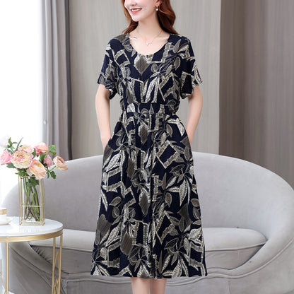 XL-5XL 2024  Rochie nouă din mătase de bumbac de vară, temperament high-end, fusta lungă din bumbac artificial leagăn mare pentru mamă în stil occidental poate fi purtată afară
