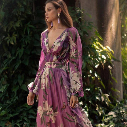 2024 Europe and America Cross Border Summer New Women's Printed Wear Dress V-neck Long Sleeve Retro Fairy Large Swing Dress