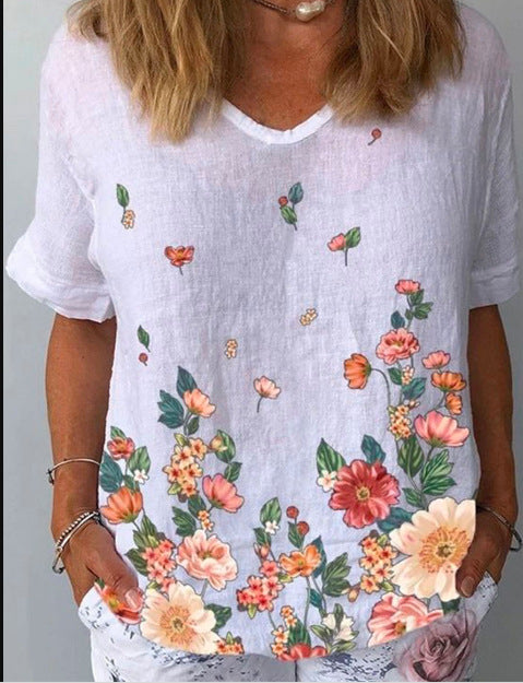 【Cumpără 1 primești 1 gratis】【XS-6XL】Tricou cu mâneci scurte cu imprimeu floral din in bumbac