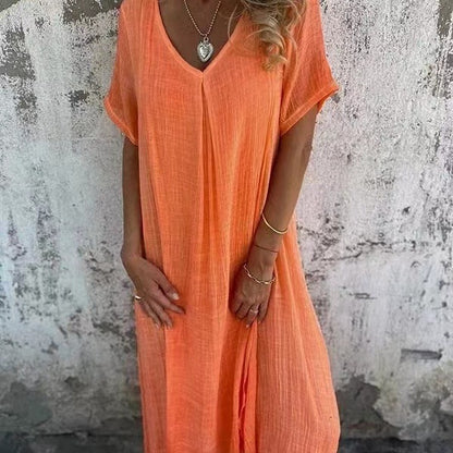 XS-3XL-2024 Fusta casual primavara-vara larga cu maneca scurta decolteu in V culoare solida rochie din bumbac si in