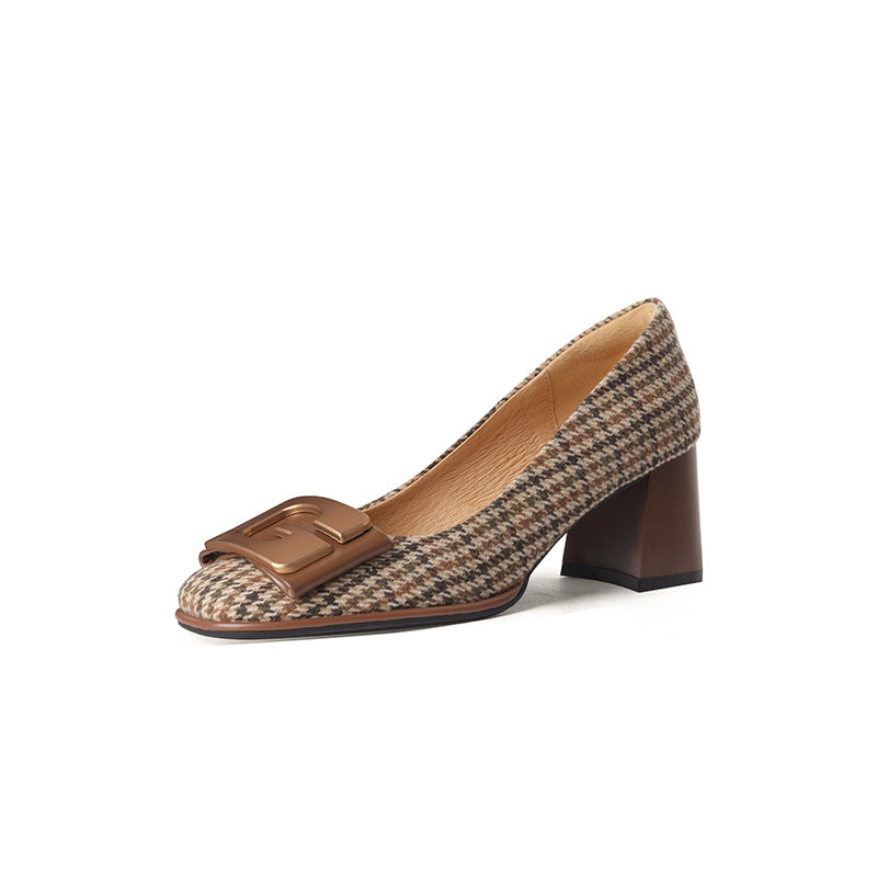 Retro Houndstooth Pumps Women 2024 New Metal Buckle 41 plus Size High Heels ~ Spring 6.5cm Mary Jane Shoes
