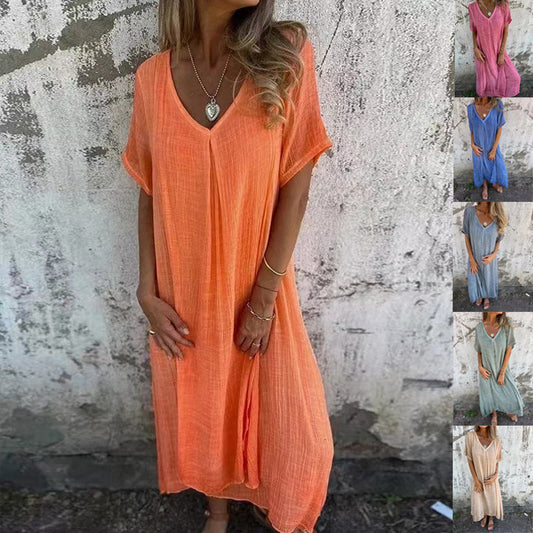 XS-3XL-2024 Fusta casual primavara-vara larga cu maneca scurta decolteu in V culoare solida rochie din bumbac si in