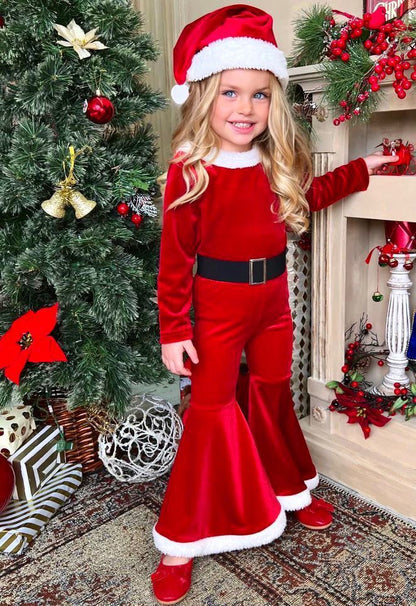Set de costume de Moș Crăciun pentru fete noi, 3 piese, cu mâneci lungi, pantaloni evazați, colțuri din catifea
