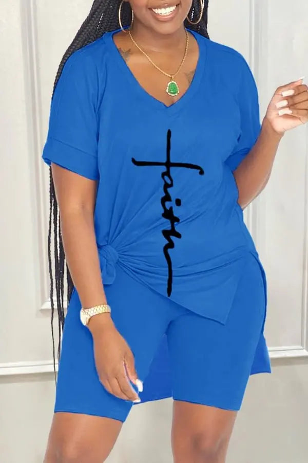S-2XL-2024 Modny garnitur damski, swobodny nadruk, top z okrągłym dekoltem, szorty, dwuczęściowy komplet