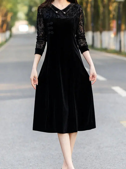 【40-90KG】2023 noua rochie cu guler de papusa din catifea aurie de toamna si iarna