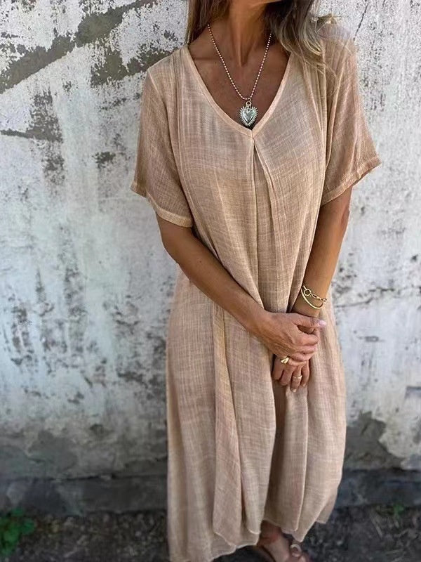 XS-3XL-2024 Fusta casual primavara-vara larga cu maneca scurta decolteu in V culoare solida rochie din bumbac si in
