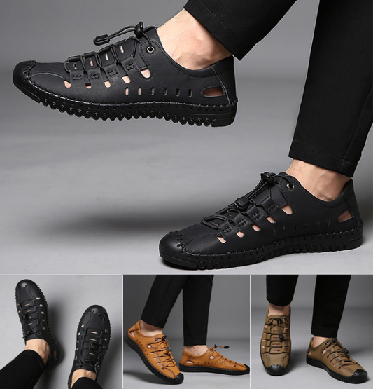 Novo 2024  39-44 Ao ar livre Baotou Beach Shoes Verão Novas Sandálias de Couro Macio Sole Hole Shoes Respirável Moda Casual Shoes Oco Sapatos Masculinos