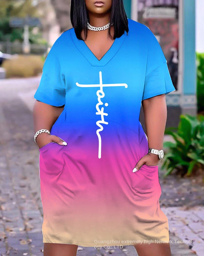 2023 New Cross-Border Supply European and American Women's Clothing Sexy Loose Tie-Dye Printed V-neck Fashion Casual Dress