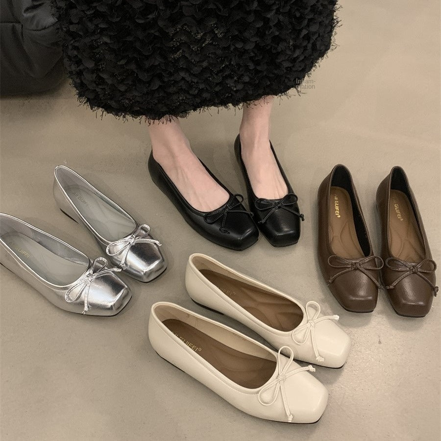 Silver Single-Layer Shoes Low-Cut Bowknot 2024 Spring New French Gentle Wanwan Lei Style Flat Pumps Women's Shoes
