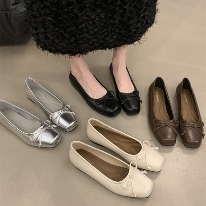 Silver Single-Layer Shoes Low-Cut Bowknot 2024 Spring New French Gentle Wanwan Lei Style Flat Pumps Women's Shoes