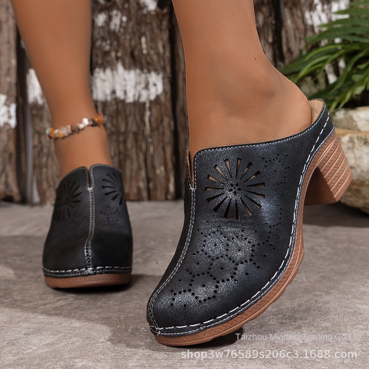 Popular High Heel Sandal Slippers Women's Toe Cap Chunky Heel Mules Shoes