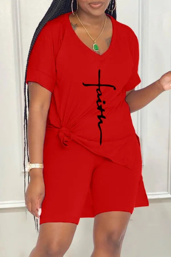 S-2XL-2024 Modny garnitur damski, swobodny nadruk, top z okrągłym dekoltem, szorty, dwuczęściowy komplet