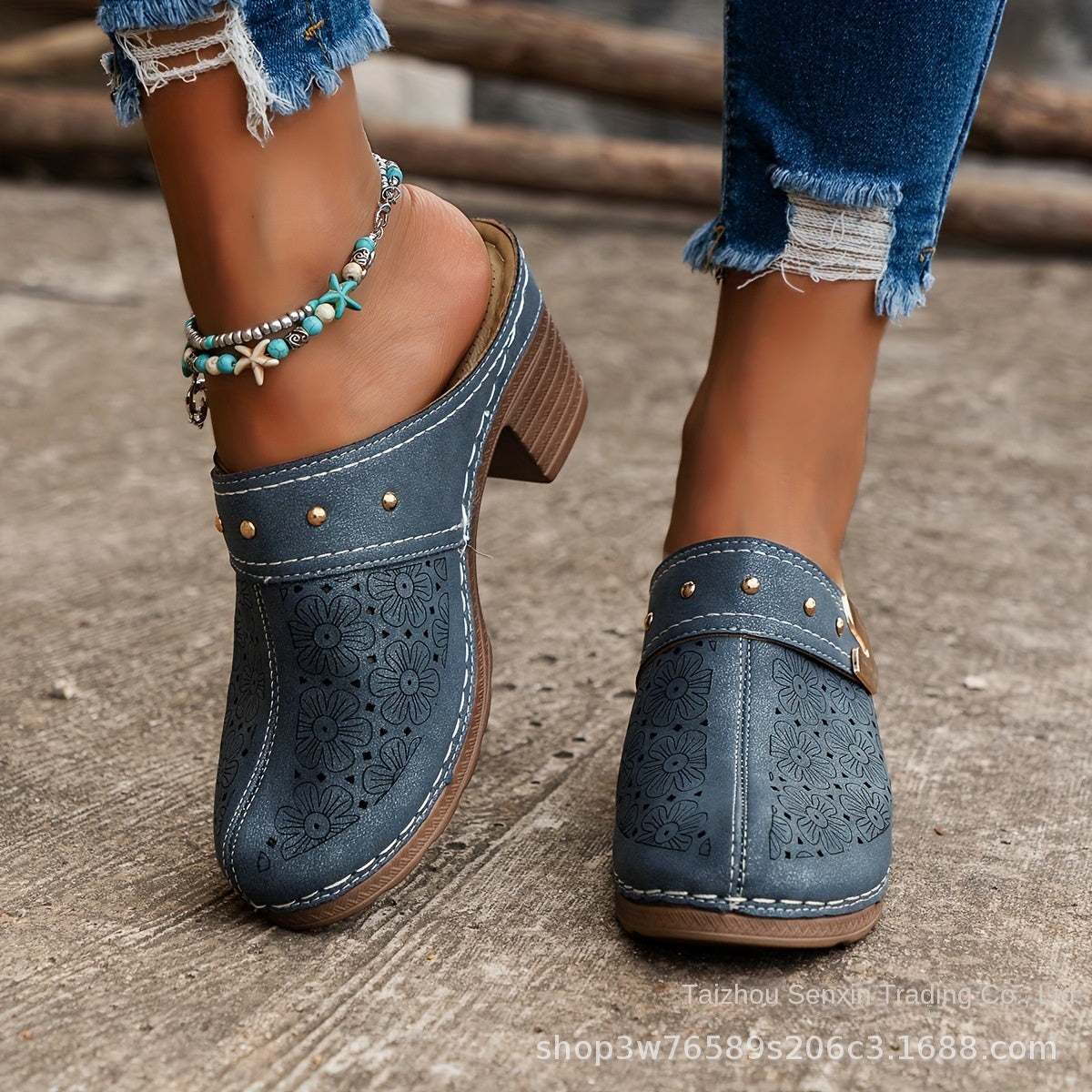 Popular High Heel Sandal Slippers Women's Toe Cap Chunky Heel Mules Shoes
