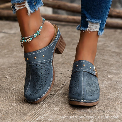 Popular High Heel Sandal Slippers Women's Toe Cap Chunky Heel Mules Shoes