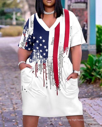 2023 New Cross-Border Supply European and American Women's Clothing Sexy Loose Tie-Dye Printed V-neck Fashion Casual Dress