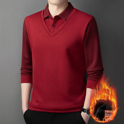 Autumn and Winter Fake Two-Piece Fleece-Lined Thickened High-End Boutique Men's Polo Shirt Middle-Aged and Elderly Warm Sweater Men Polo