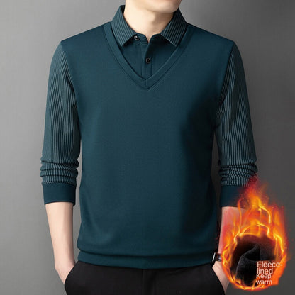 Autumn and Winter Fake Two-Piece Fleece-Lined Thickened High-End Boutique Men's Polo Shirt Middle-Aged and Elderly Warm Sweater Men Polo