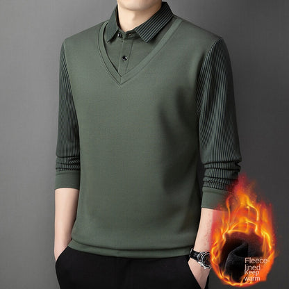 Autumn and Winter Fake Two-Piece Fleece-Lined Thickened High-End Boutique Men's Polo Shirt Middle-Aged and Elderly Warm Sweater Men Polo