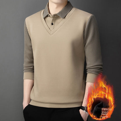 Autumn and Winter Fake Two-Piece Fleece-Lined Thickened High-End Boutique Men's Polo Shirt Middle-Aged and Elderly Warm Sweater Men Polo