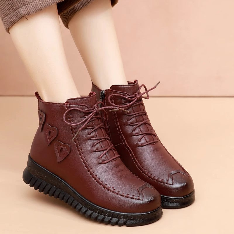 Mother's Shoes Cotton-Padded Shoes Women's Winter Warm with Velvet Middle-Aged and Elderly Flat Ankle Boots Soft Bottom Non-Slip Snow Boots Tendon Bottom Cotton Boots