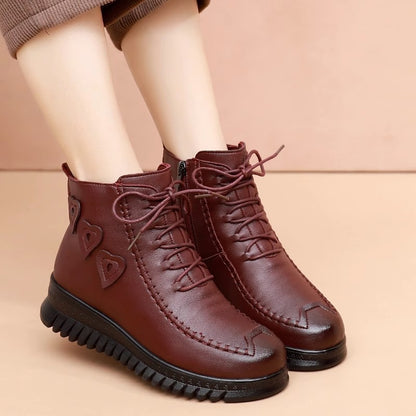 Mother's Shoes Cotton-Padded Shoes Women's Winter Warm with Velvet Middle-Aged and Elderly Flat Ankle Boots Soft Bottom Non-Slip Snow Boots Tendon Bottom Cotton Boots
