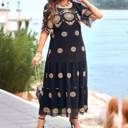 Amazon Cross-Border Summer Fashion New Middle-Aged Mom Hollow Dress Short Sleeve Loose over-the-Knee Printed Dress