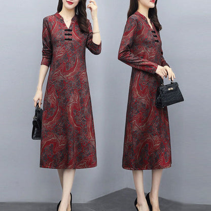 Spring and Autumn New Long-Sleeved Dress Cheongsam Improved Korean Style Fashion Loose Slim Looking Belly Covering Wide Lady Bottoming Dress