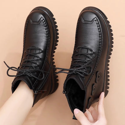 Mother's Shoes Cotton-Padded Shoes Women's Winter Warm with Velvet Middle-Aged and Elderly Flat Ankle Boots Soft Bottom Non-Slip Snow Boots Tendon Bottom Cotton Boots