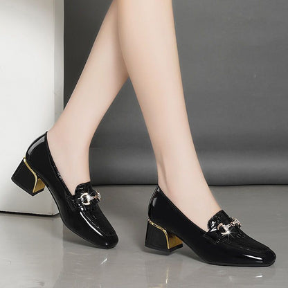 【35-40】 2023 pantofi din piele cu toc gros cu vârf pătrat de toamnă