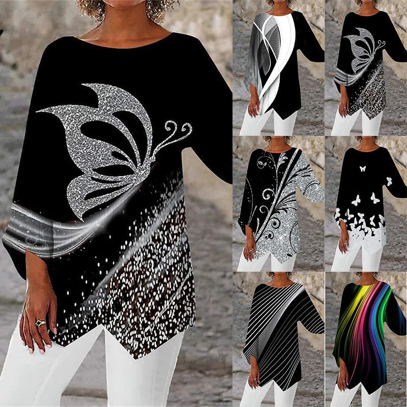 [In Stock] 2023 Amazon AliExpress Wish Cross-Border Spring and Summer Geometric Printed Long Sleeve Patchwork round Neck Shirt