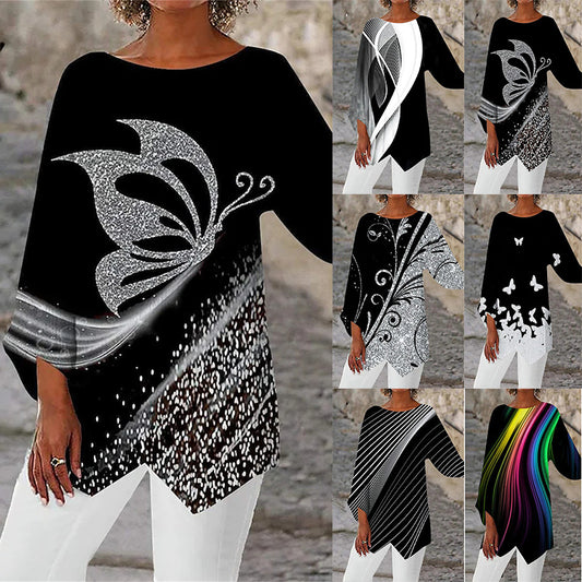 [In Stock] 2023 Amazon AliExpress Wish Cross-Border Spring and Summer Geometric Printed Long Sleeve Patchwork round Neck Shirt