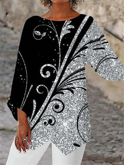 [In Stock] 2023 Amazon AliExpress Wish Cross-Border Spring and Summer Geometric Printed Long Sleeve Patchwork round Neck Shirt