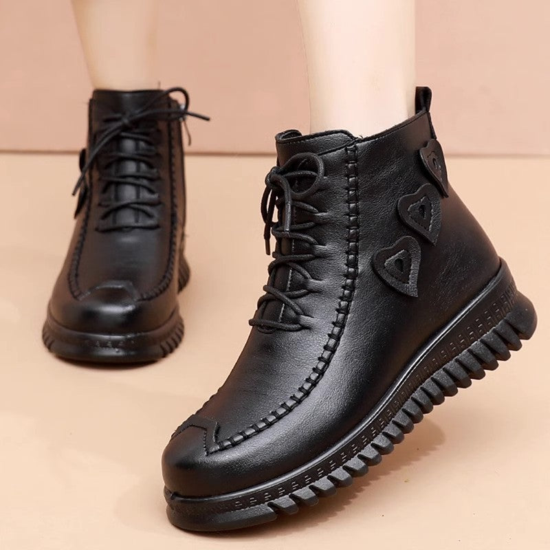 Mother's Shoes Cotton-Padded Shoes Women's Winter Warm with Velvet Middle-Aged and Elderly Flat Ankle Boots Soft Bottom Non-Slip Snow Boots Tendon Bottom Cotton Boots