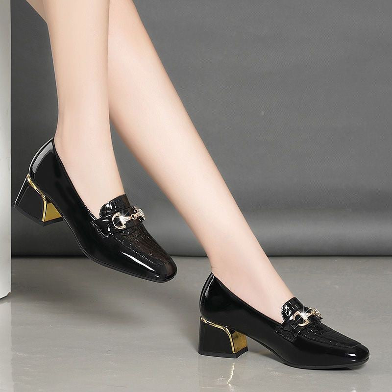 【35-40】 2023 pantofi din piele cu toc gros cu vârf pătrat de toamnă